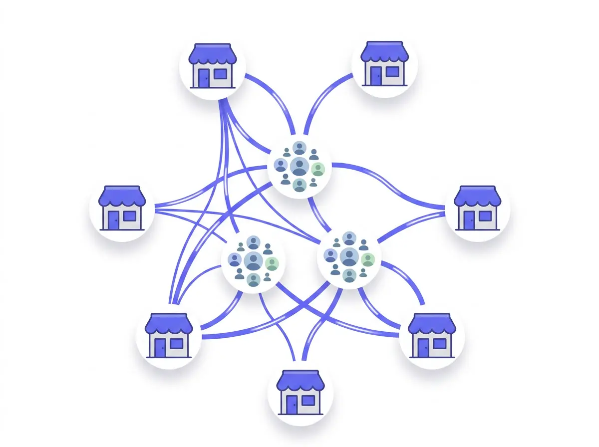 Diagram showing six Shopify storefronts connected through three shared customer-cluster nodes, illustrating how a single fraud ring touches multiple merchants